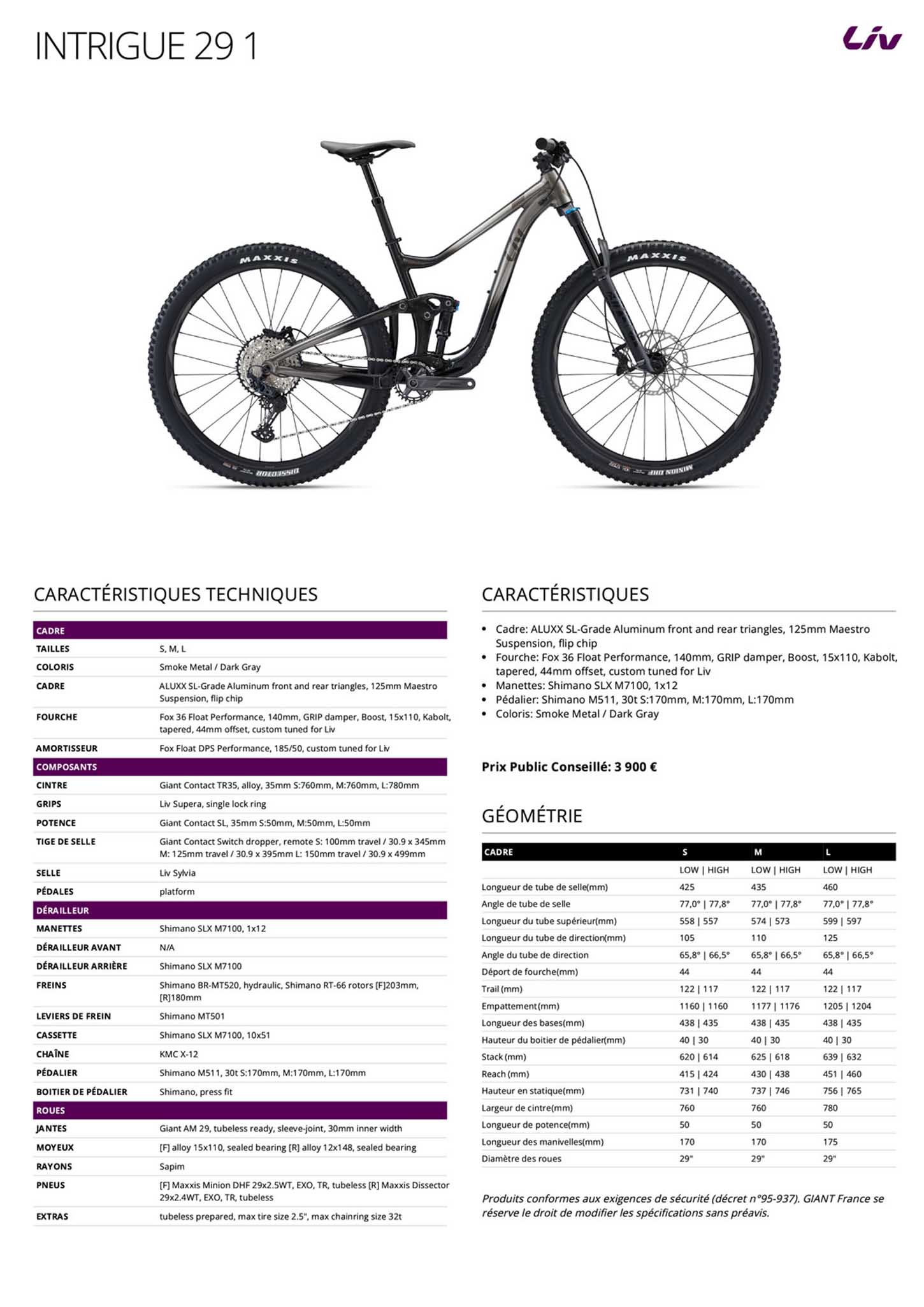 Fiche technique du velo Intrigue 29 1 année 2022